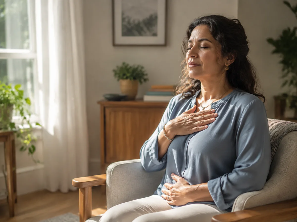 Person pausing calmly outdoors, representing support for anxiety